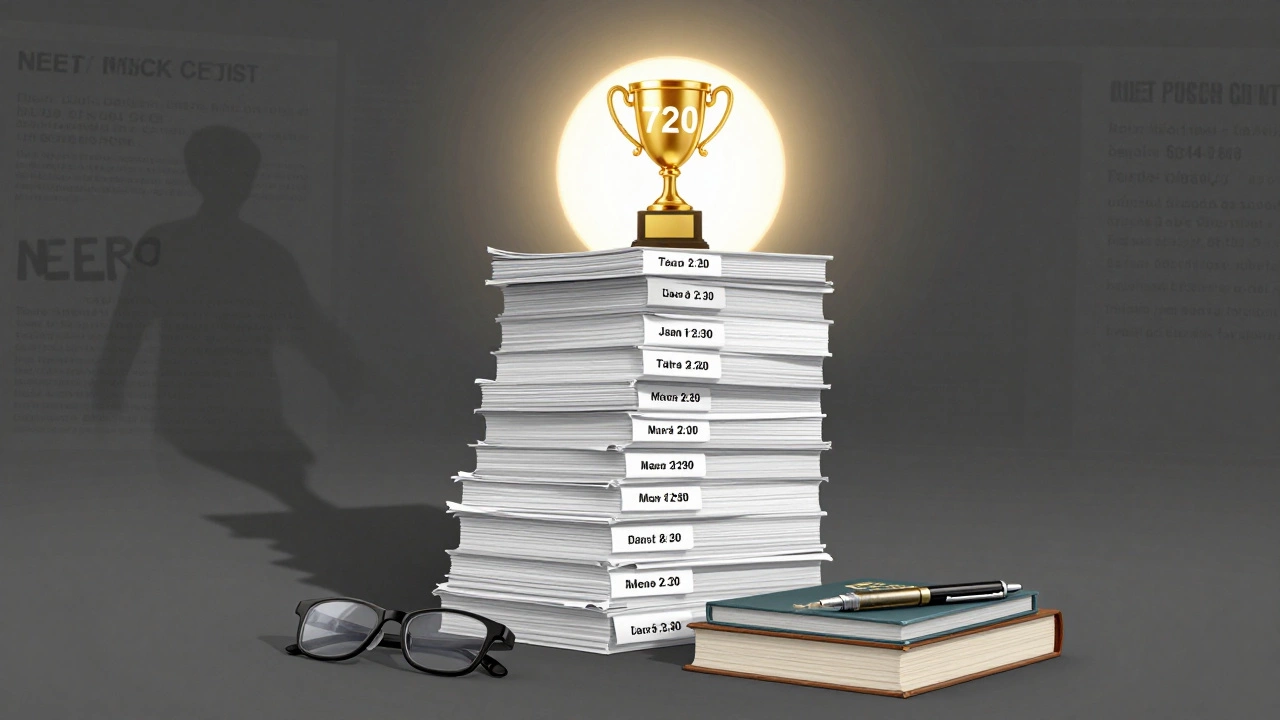 A stack of 22 NEET mock tests forming a staircase to a golden trophy, with NCERT books at the base and coaching ads fading away.