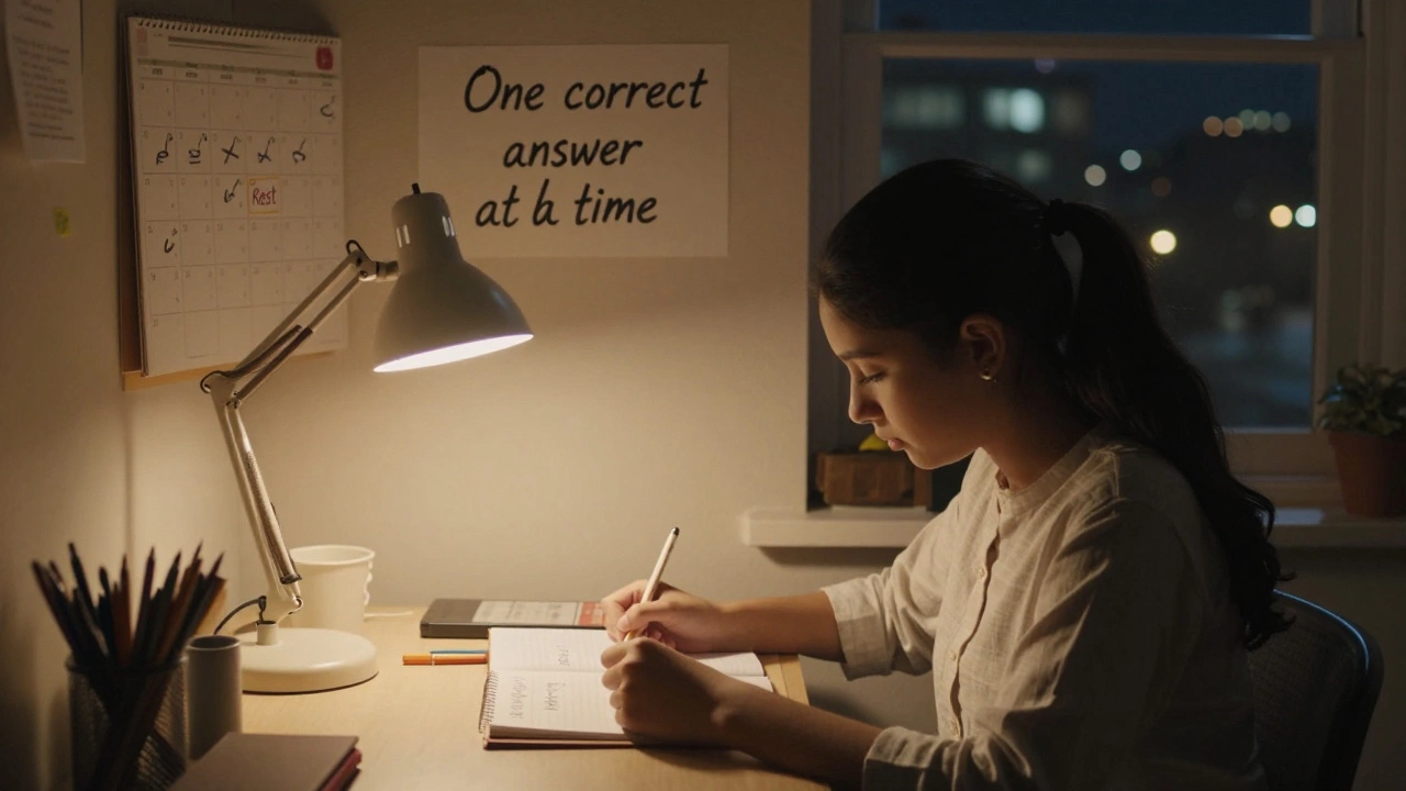 A student reviewing mistakes at night under a lamp, with a rest-day calendar and the quote &#039;One correct answer at a time&#039; on the wall.