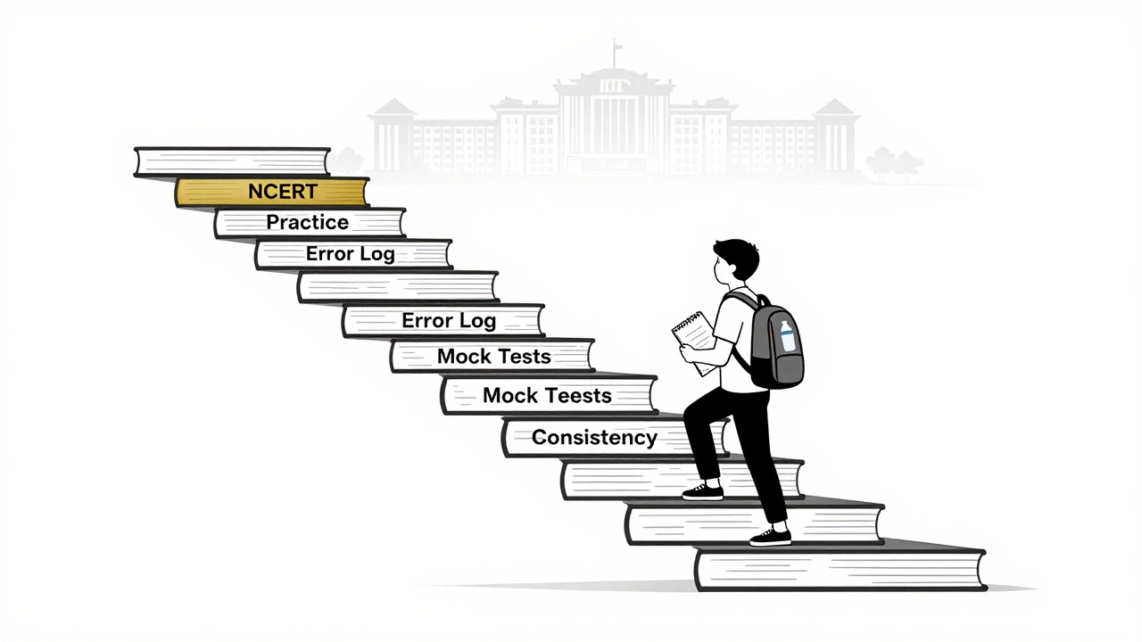 A symbolic staircase of study principles leading to an IIT campus silhouette.