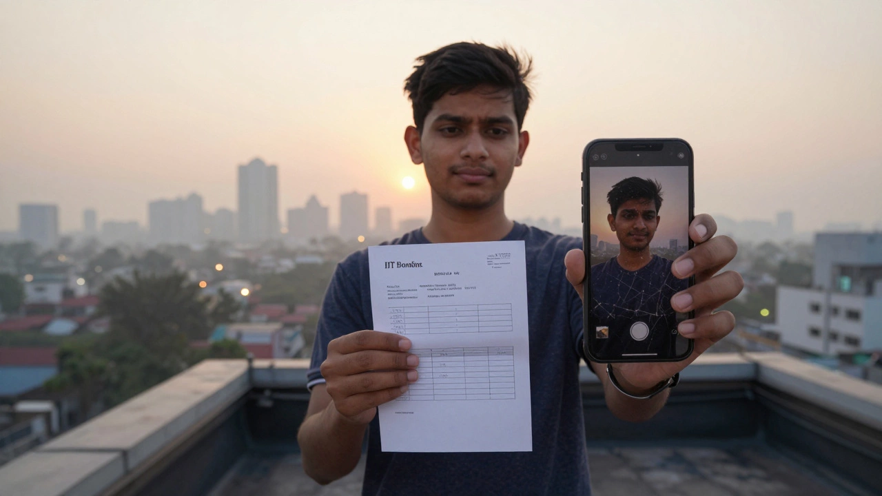 A young man holding an IIT Bombay admission letter on a rooftop at sunrise, city skyline behind him.