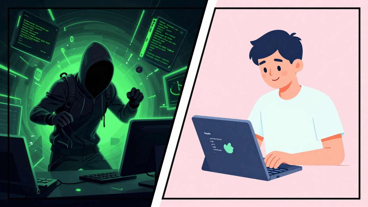 Contrasting scenes: chaotic movie-style hacking vs. a calm beginner coding simply on a tablet.