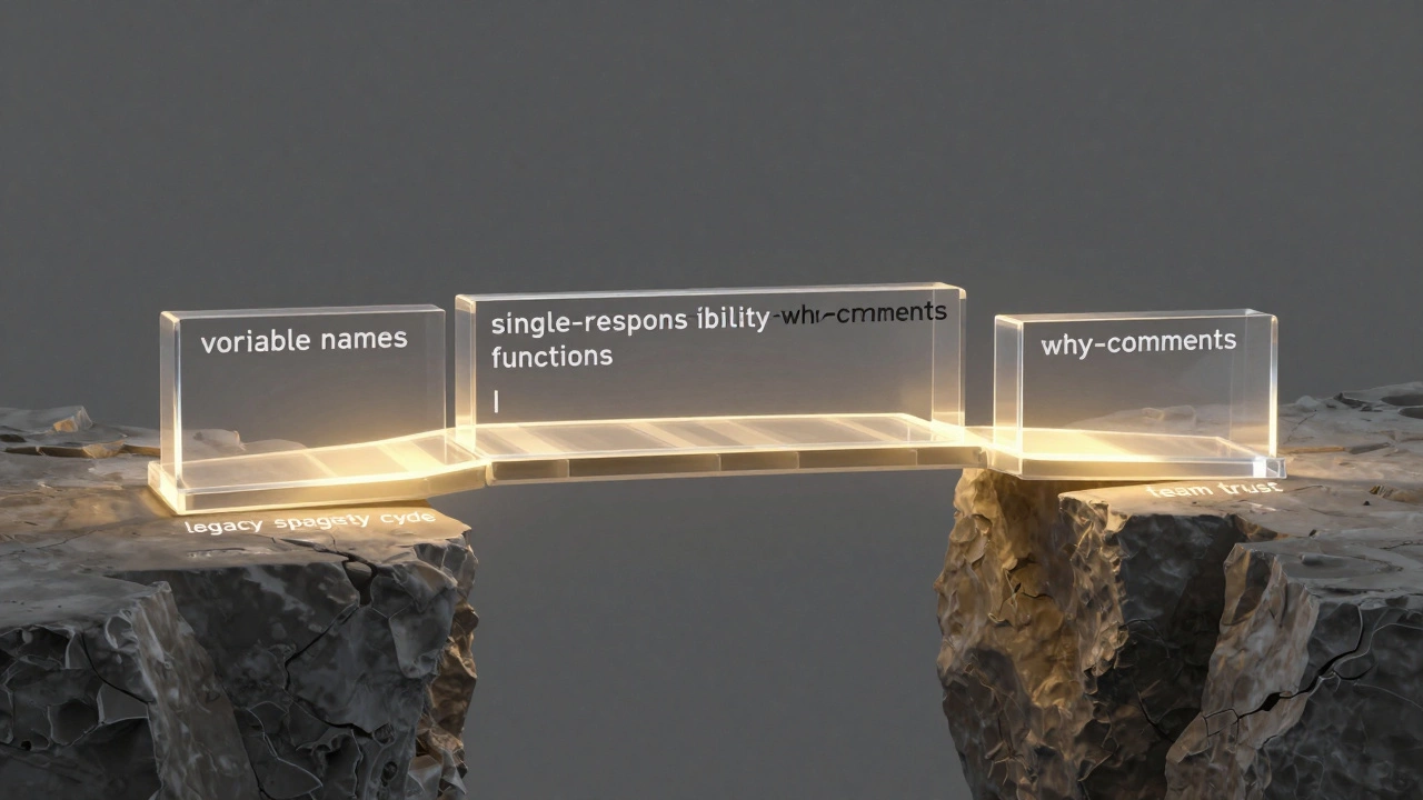 Golden bridge of clear code connecting chaos to team trust