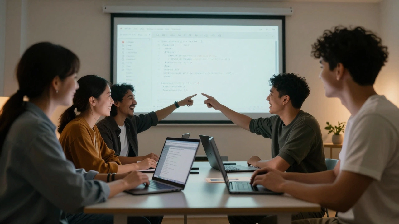 Group of learners sharing code on a projector, smiling and collaborating