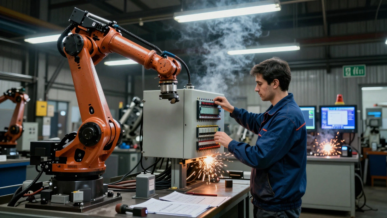 Industrial electrician working on a control panel beside robotic machinery in a factory.