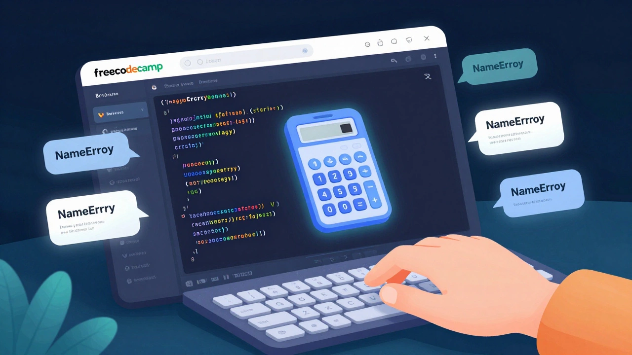 Interactive coding platform showing a calculator project with floating error hints
