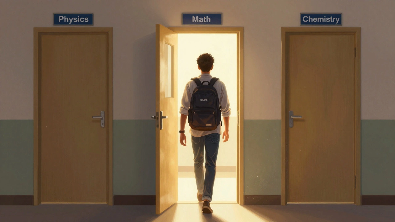 Student entering a glowing chemistry door labeled 'JEE Success' in an IIT campus hallway