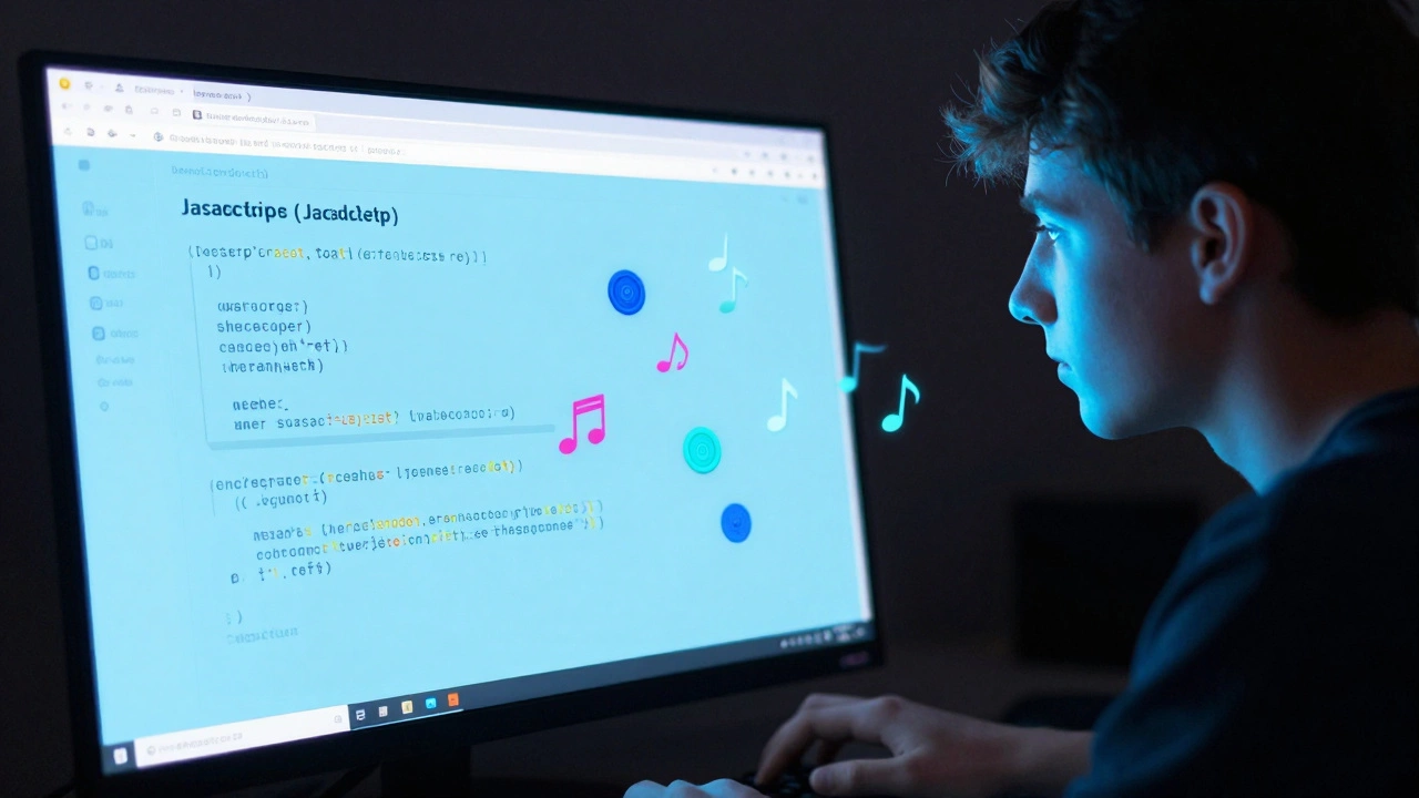 Teenager typing JavaScript in browser console, turning webpage blue with animated elements.