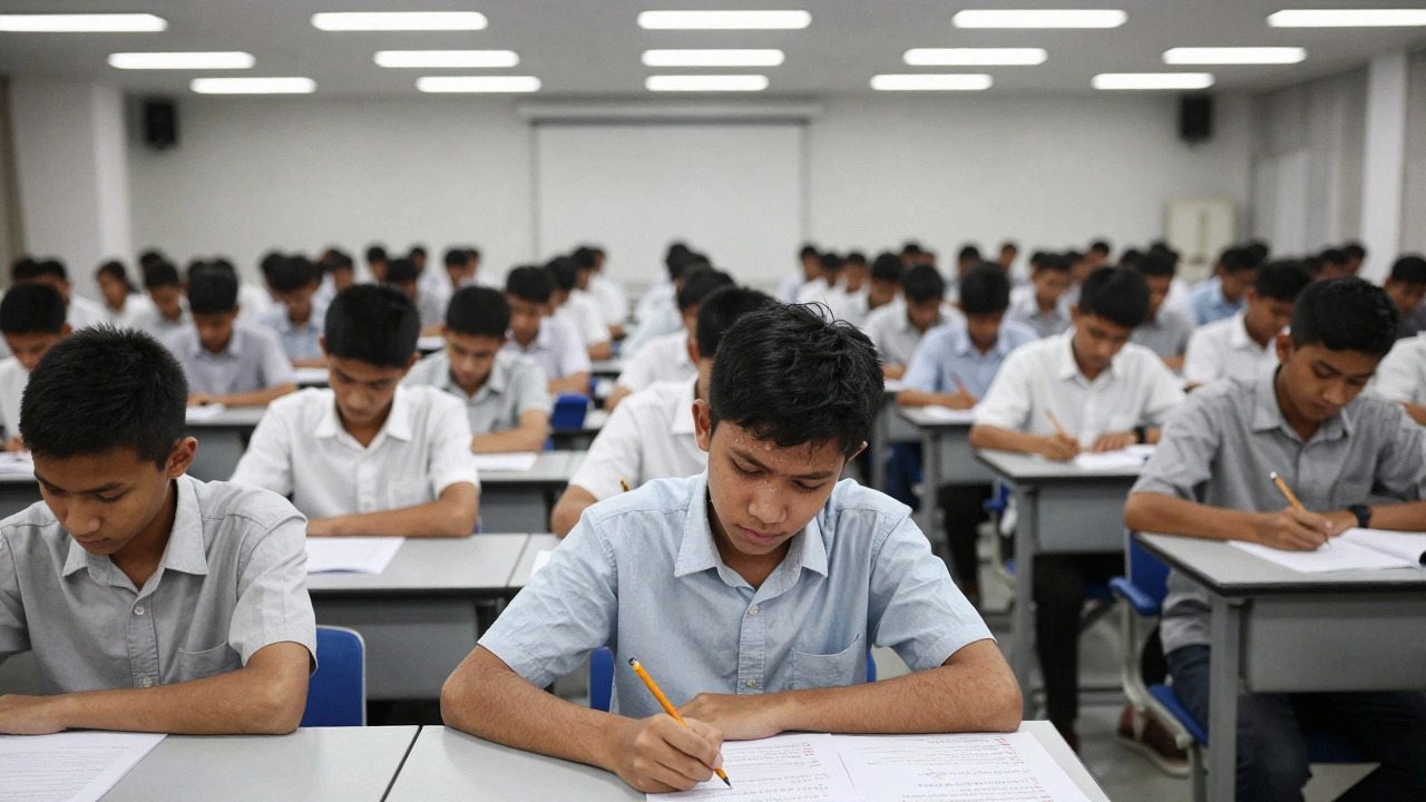 Thousands of students taking the JEE Advanced exam in a crowded auditorium, one focused intensely on their paper.