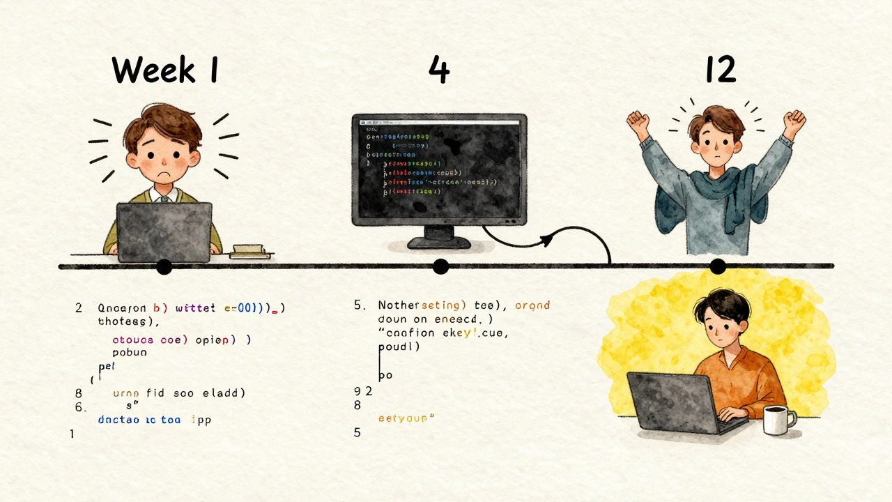Timeline mural showing a beginner&#039;s progress from confusion to confidence through coding milestones.