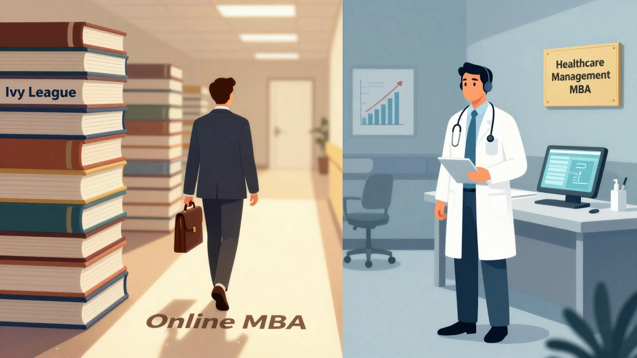 Two career paths diverging: one from traditional MBA to online MBA, another leading to healthcare leadership with rising salary graphs.