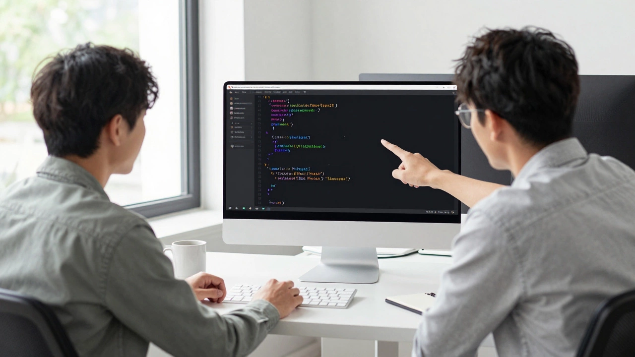 Two programmers reviewing clean, well-named code together in daylight