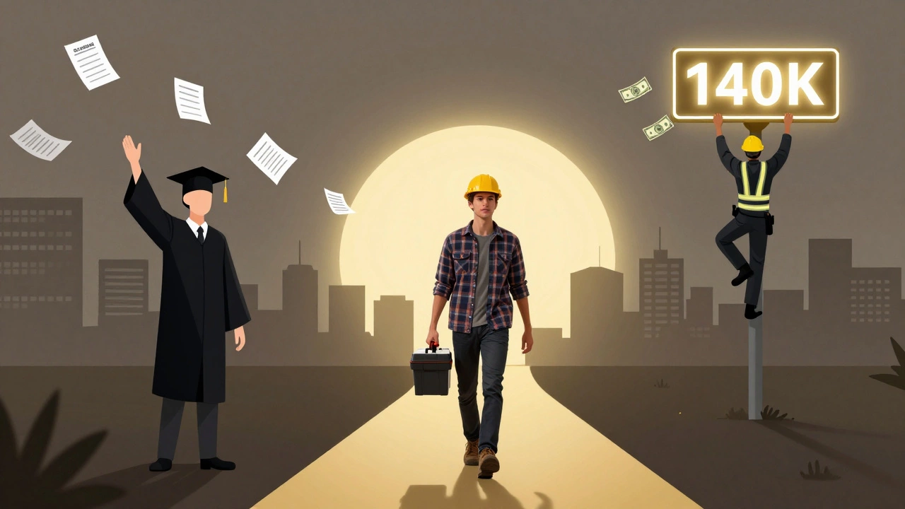 Young person entering trade training as a path to high pay, contrasting with student debt.