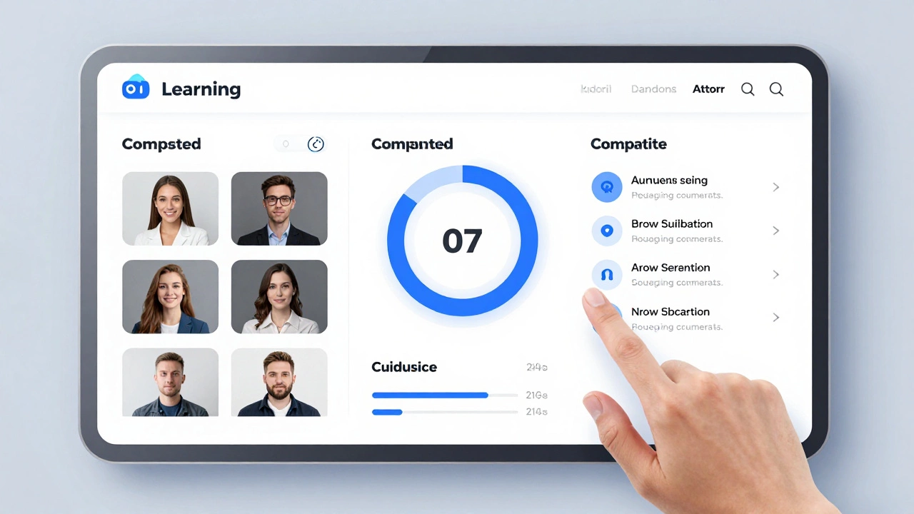 A digital learning dashboard showing progress, quizzes, and AI recommendations on a tablet screen.