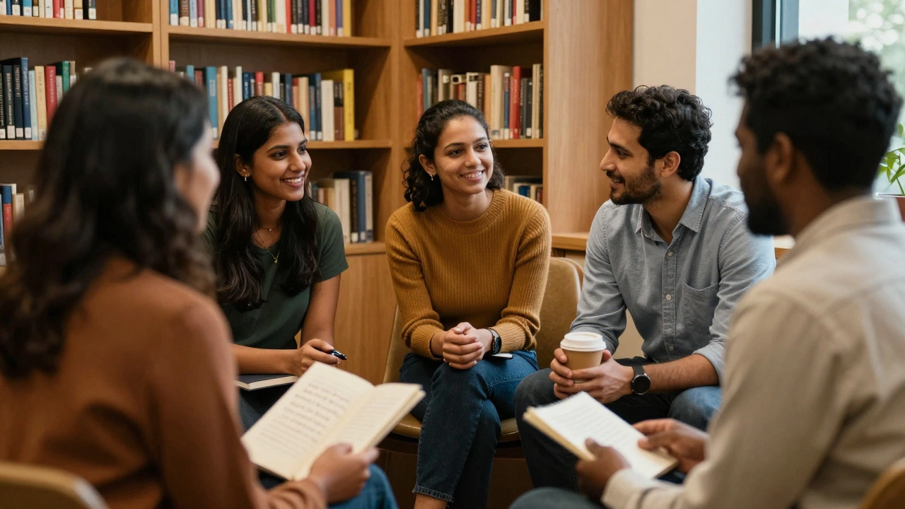 A diverse group of adult learners sharing a quiet, supportive conversation in a cozy library setting.