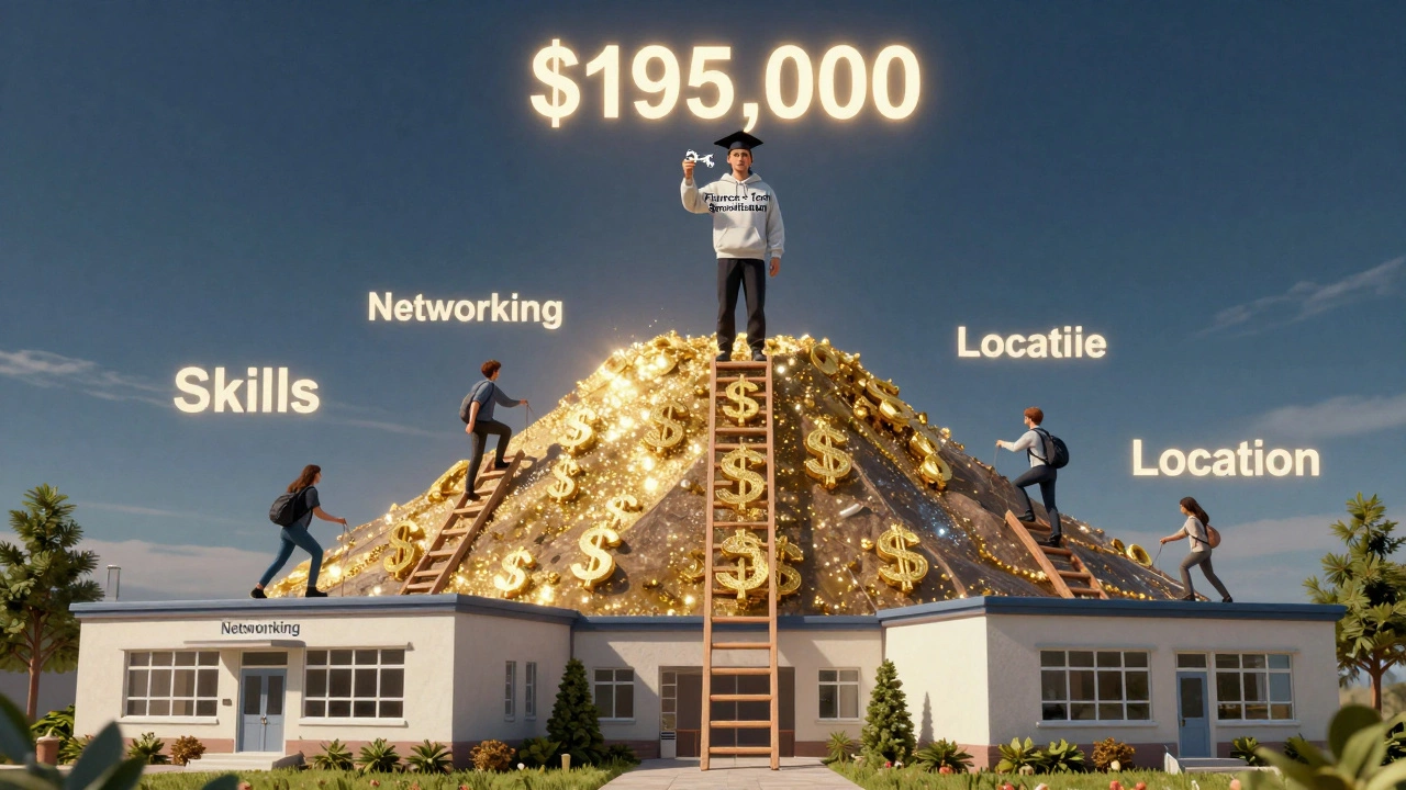 A ladder of dollar signs leading from a business school to a top salary peak.