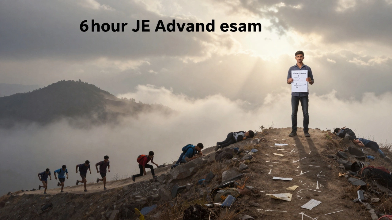 A solitary student reaching the summit of a mountain trail representing JEE Advanced endurance.