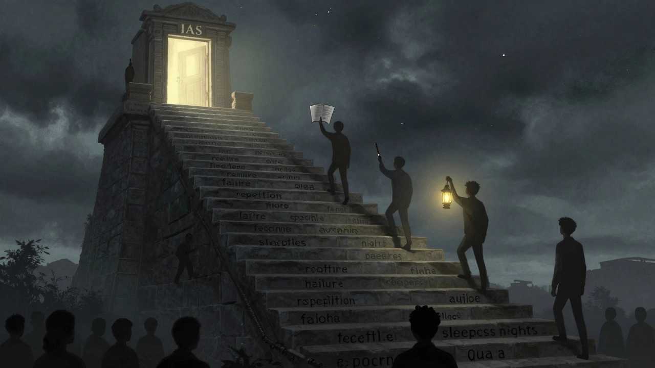 A stone staircase with many figures climbing toward a glowing door, symbolizing the UPSC exam journey.