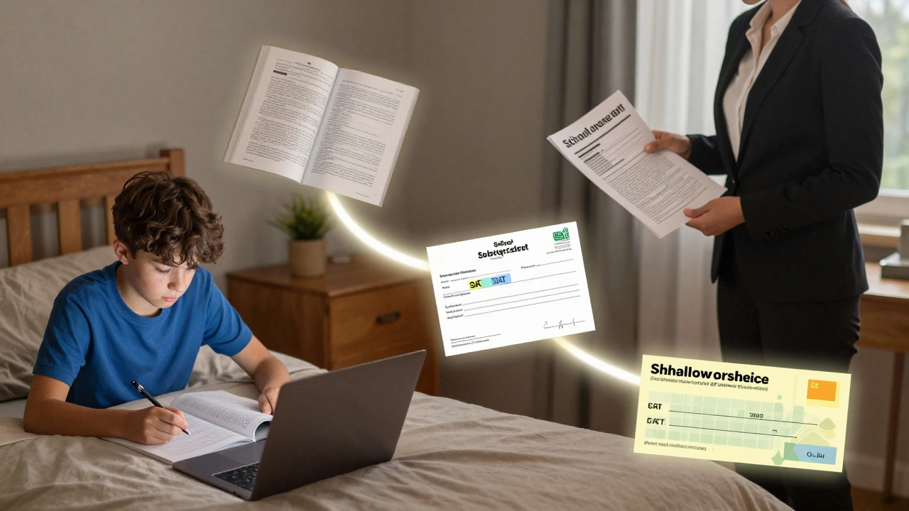 A student's journey from studying at home to receiving a college acceptance with SAT score.