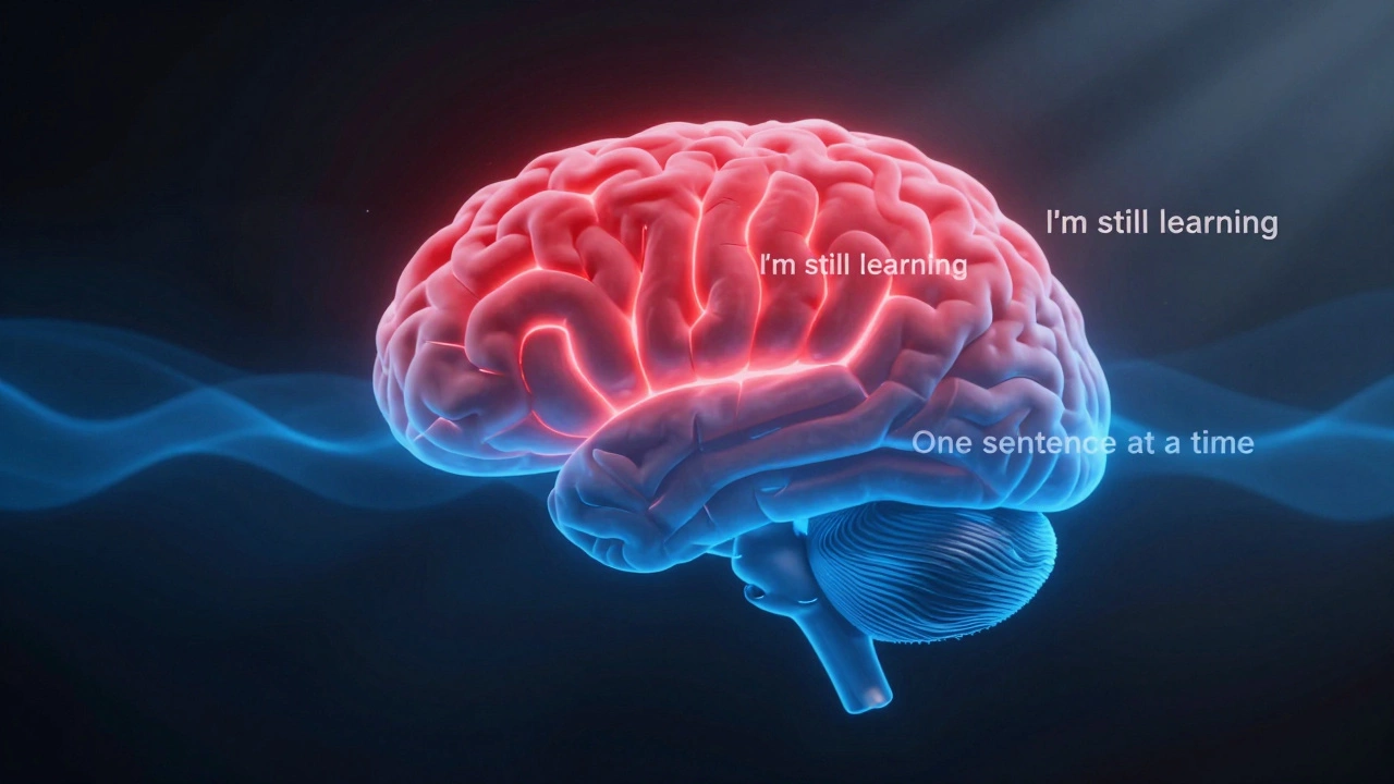 An abstract brain with fear fading into calm, symbolizing overcoming language anxiety through gentle persistence.