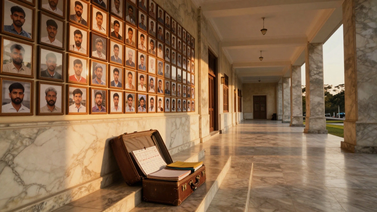 An empty government building with portraits of UPSC toppers and a suitcase of study materials.
