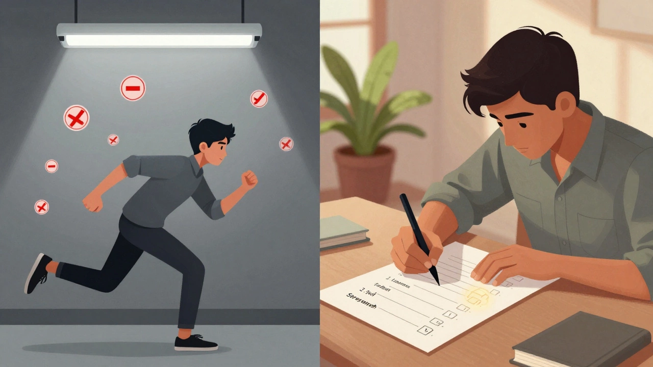 Contrast between rushed exam stress and calm, accurate problem-solving under natural light.