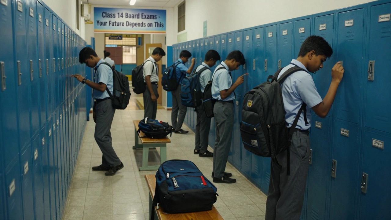 Indian students carry heavy study bags down a hallway marked with JEE and NEET posters, symbolizing high-pressure exam culture.