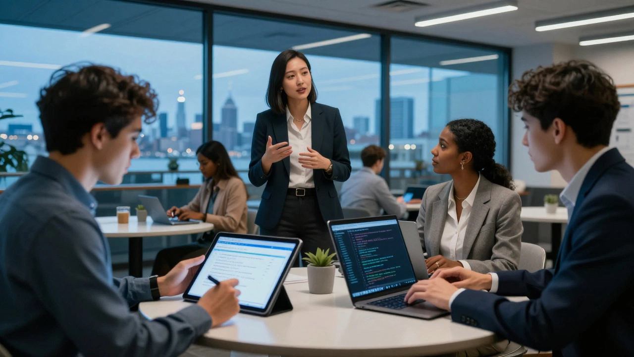MBA students in a Silicon Valley cafeteria working with tech and finance tools.