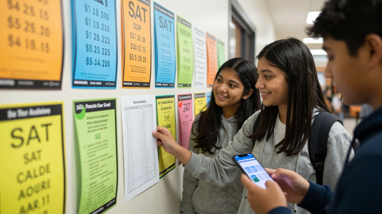 SAT posters on a high school hallway wall as students pass by.