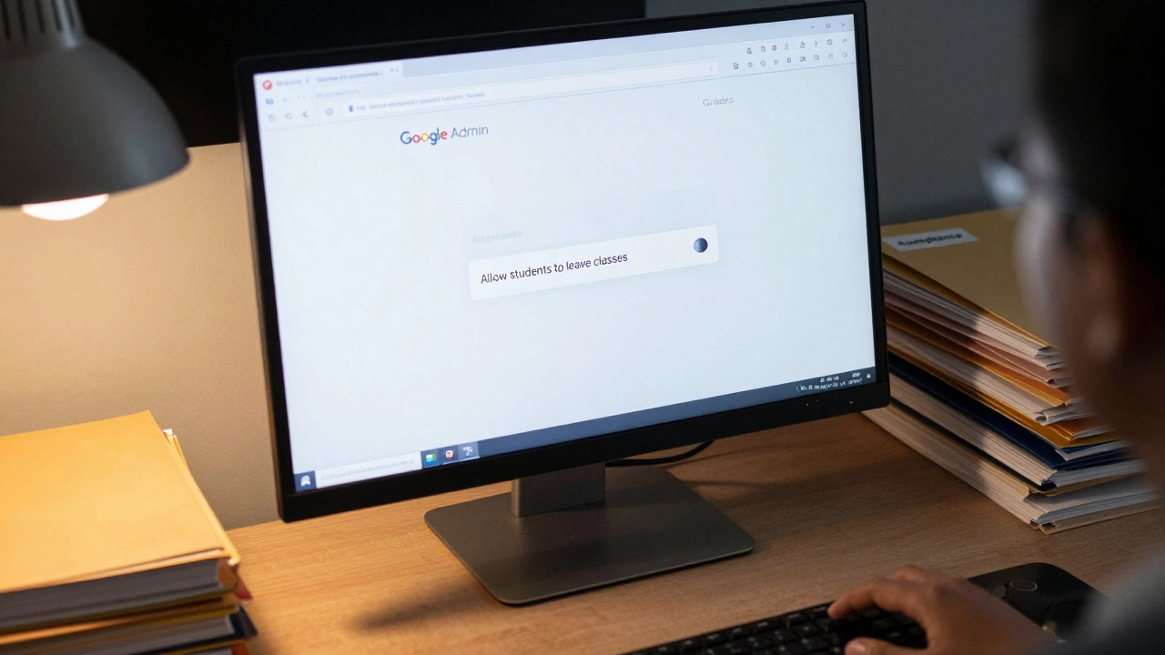 School administrator's desk with Google Admin Console showing 'Leave classes' option disabled.