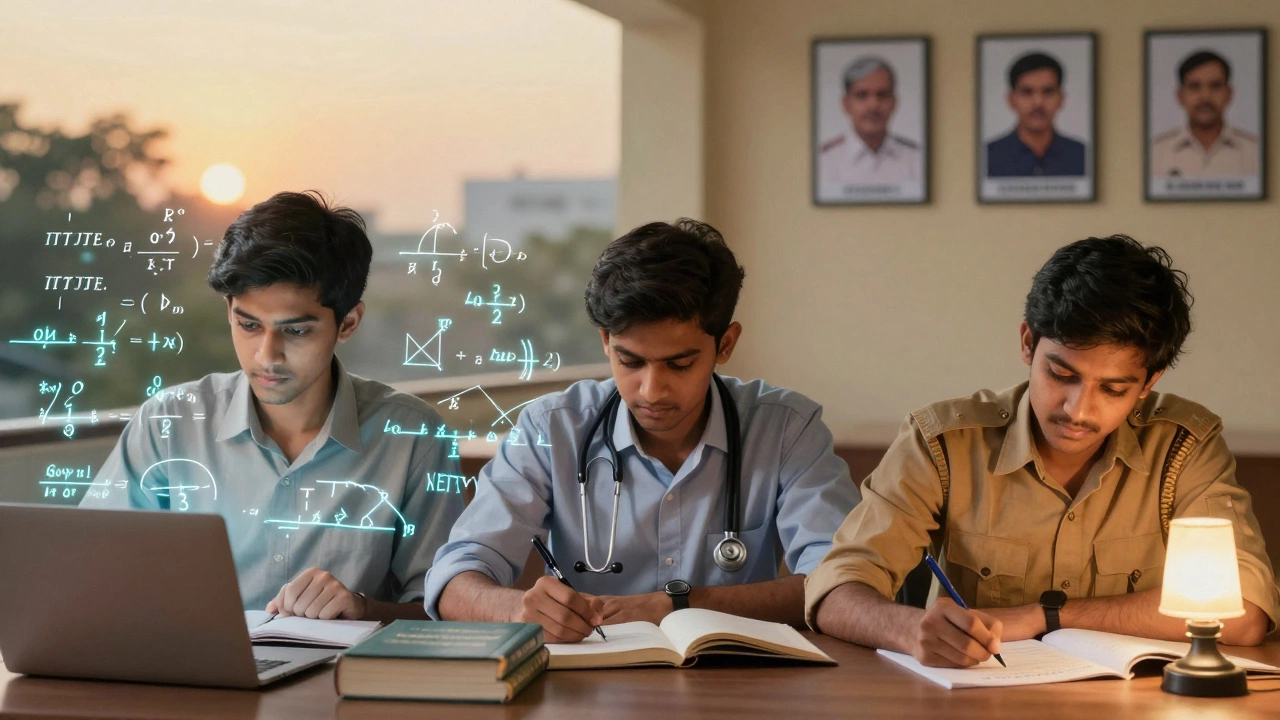 Three Indian students immersed in different competitive exams: IIT JEE, NEET, and UPSC.
