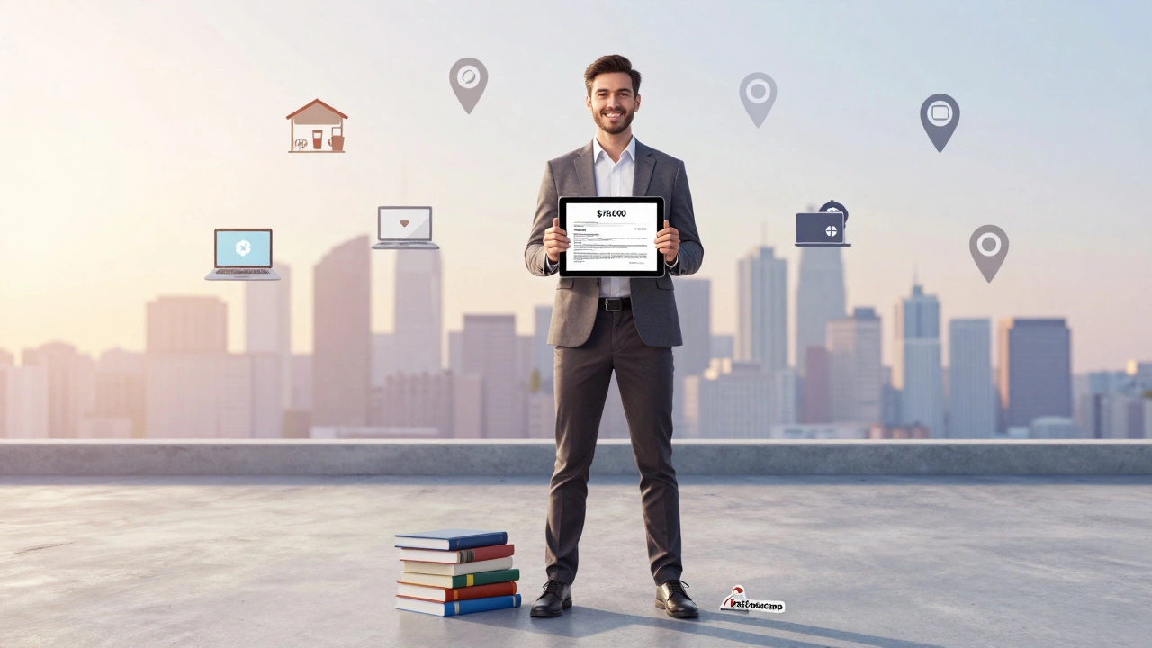 A developer standing before a digital skyline representing remote job opportunities