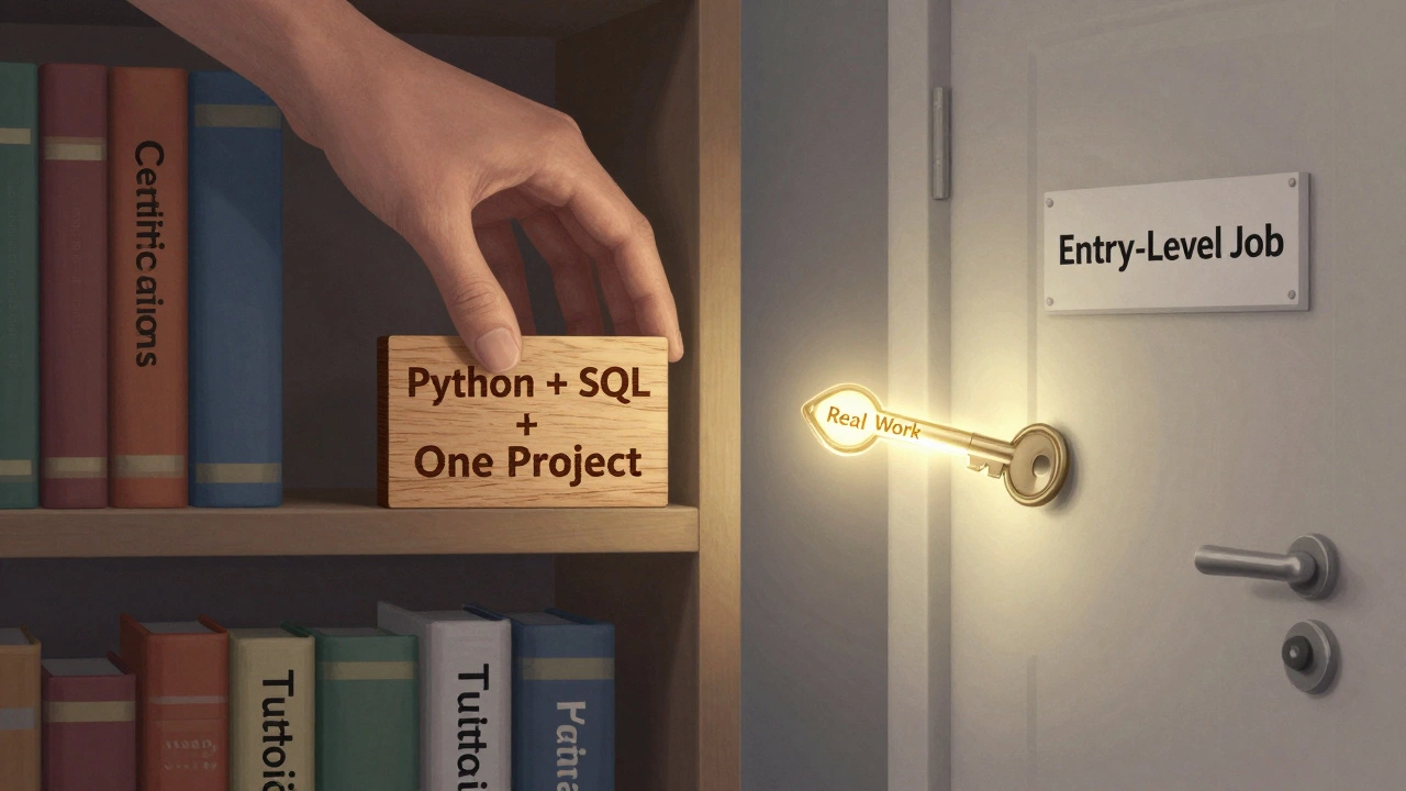 A key labeled 'Real Work' unlocking a door as outdated certifications fall away.