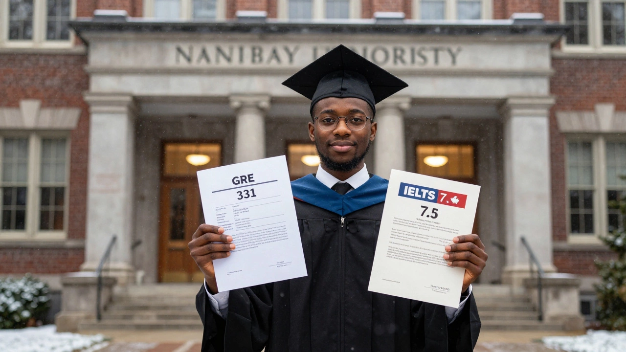 A Nigerian graduate holding GRE and IELTS scores in front of a Canadian university building.