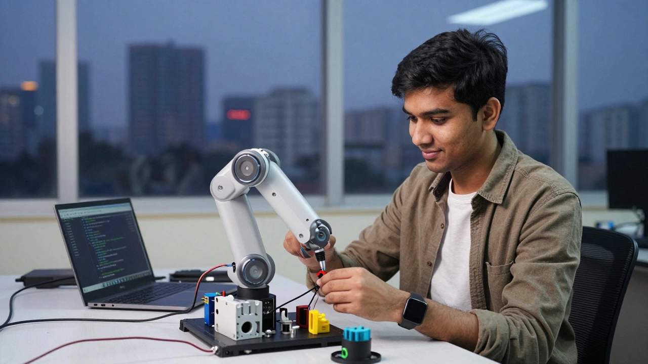 A young man working on a robotic prosthetic limb in a university lab with open-source tech.