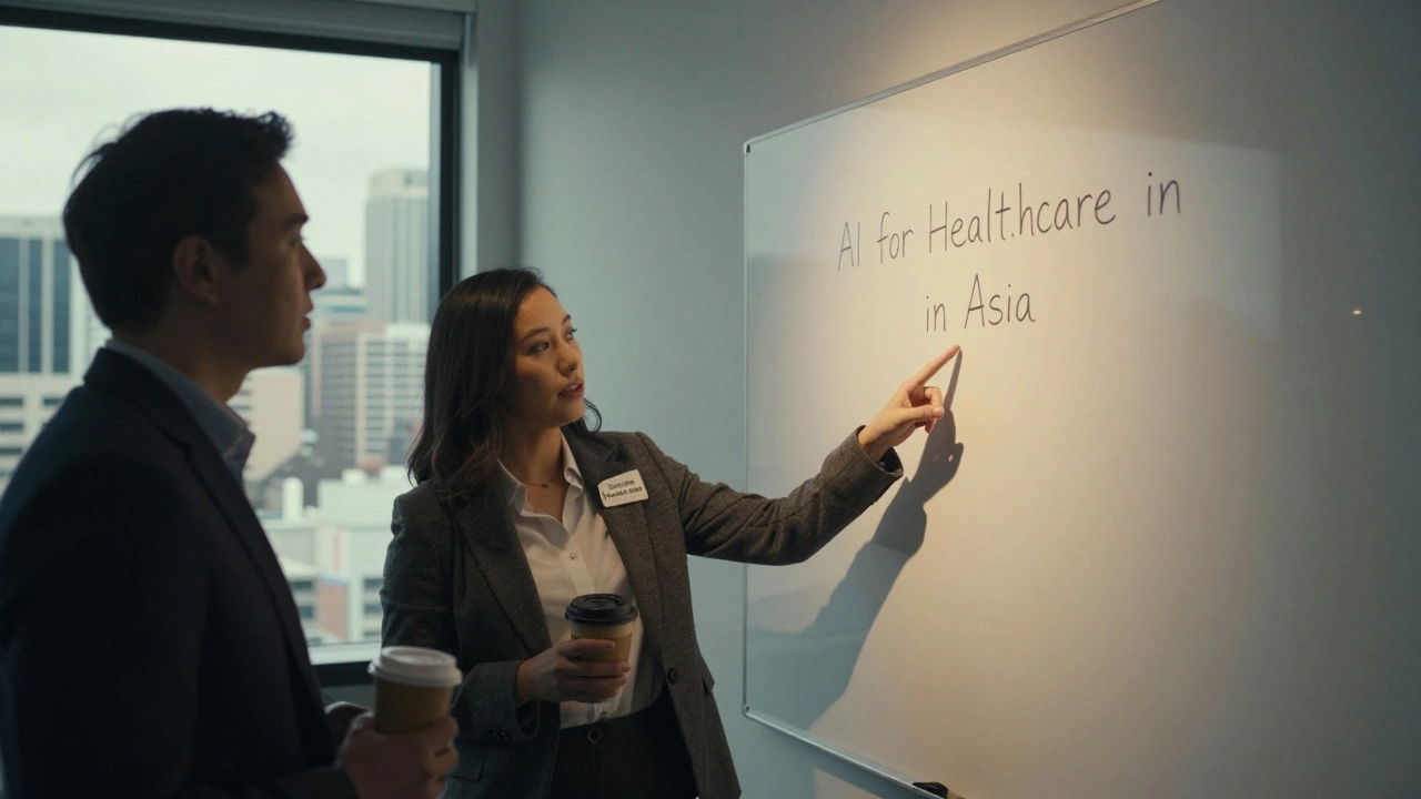 An Executive MBA student presenting a healthcare startup idea in a Sydney office, with an online MBA badge visible.