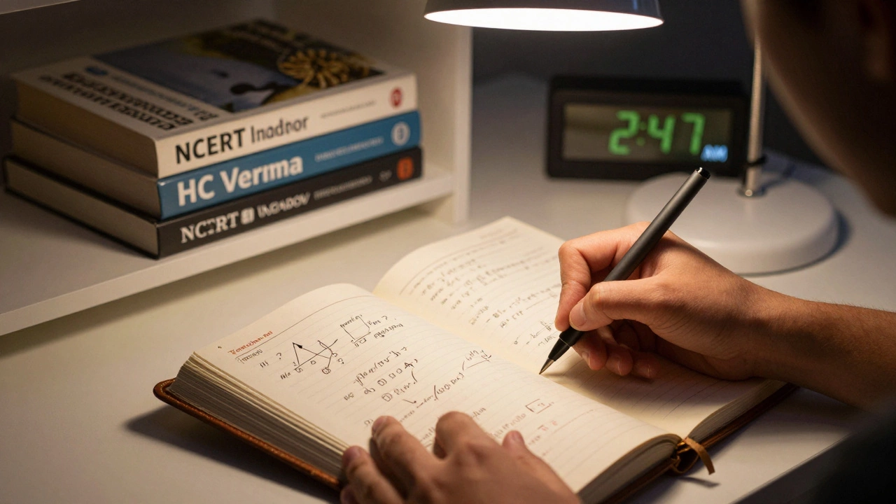 Close-up of hands writing detailed physics corrections in a journal under a desk lamp.