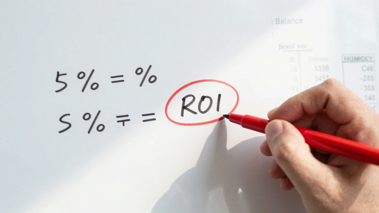 Hand writing basic business math formulas on a whiteboard with financial charts in the background.