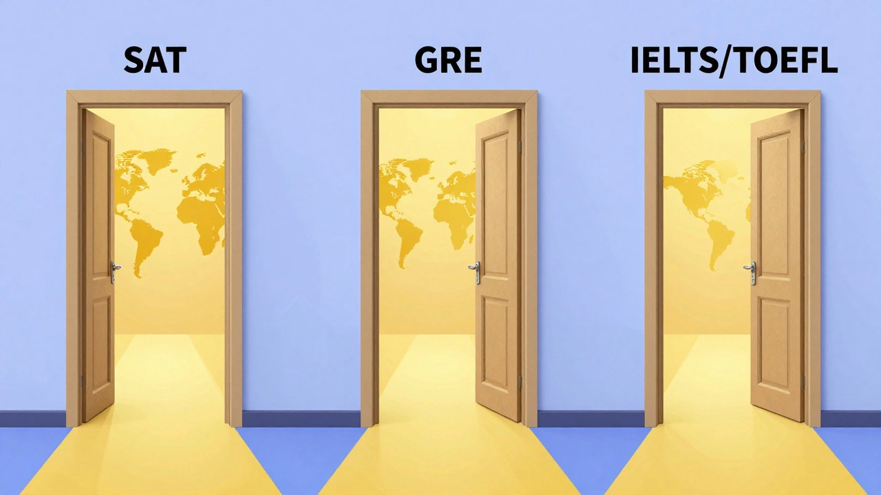 Three doors symbolizing SAT, GRE, and language tests, with pathways to global scholarships opening through SAT and GRE.