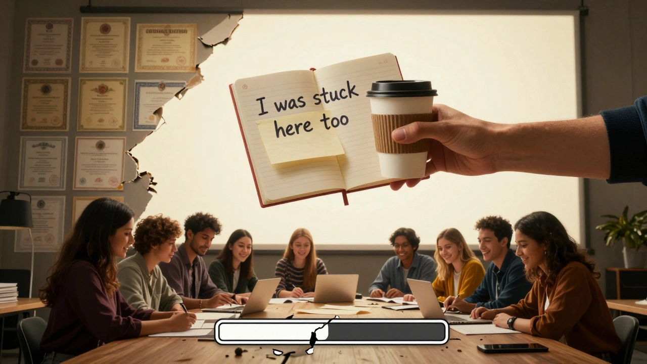 A hand offering support to learners as outdated certificates crumble, replaced by a collaborative learning community.