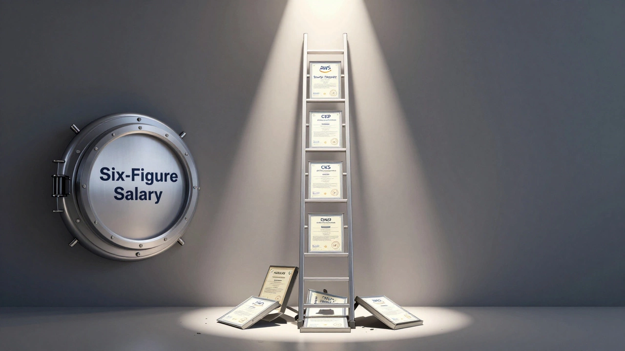 A ladder of certifications ascending to a vault labeled 'Six-Figure Salary', with top credentials glowing.
