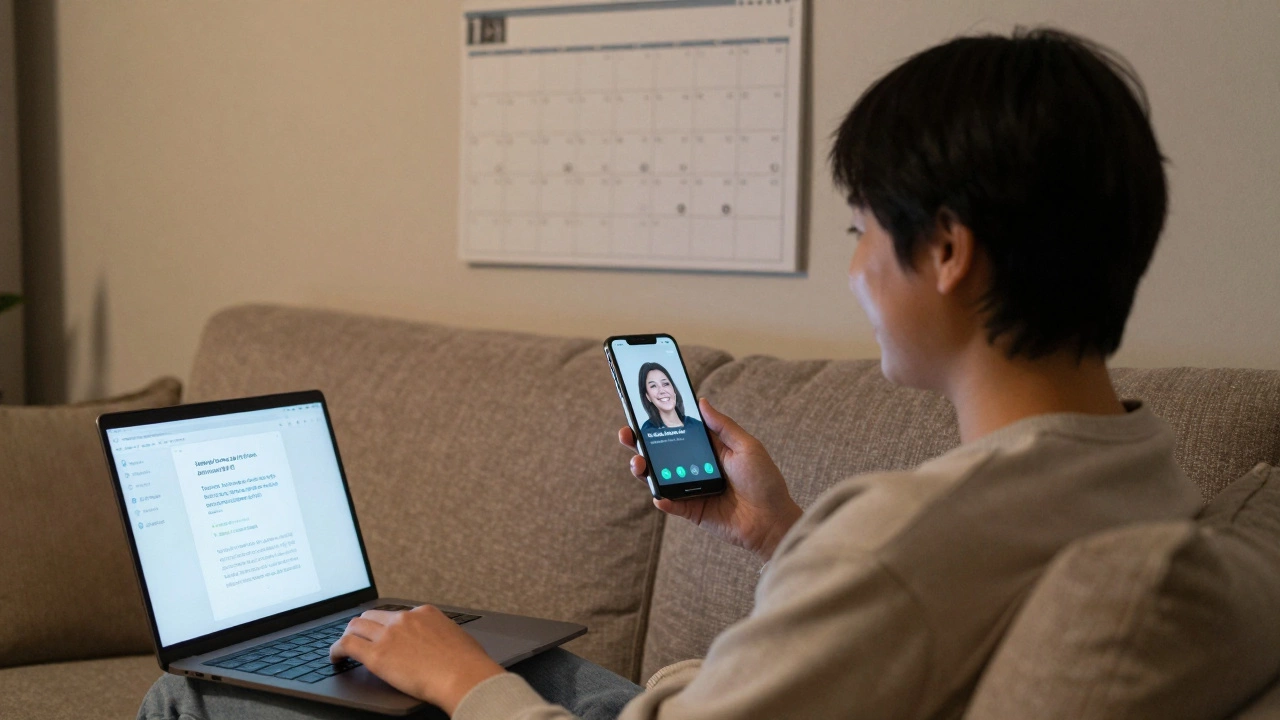 A person listening to their own voice recording, showing progress in English speaking, with English-language devices in the background.