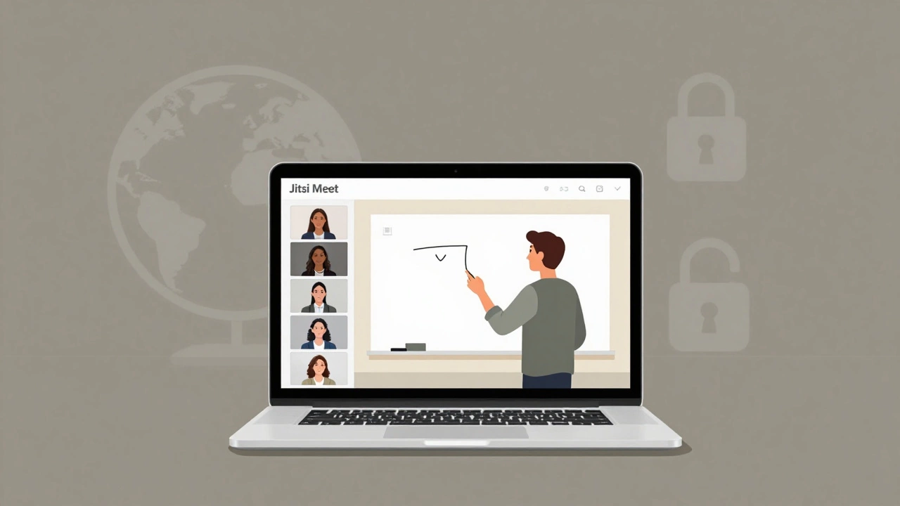 A private online lesson on Jitsi Meet with a teacher drawing on a digital whiteboard, symbolizing secure, ad-free teaching with no account needed.