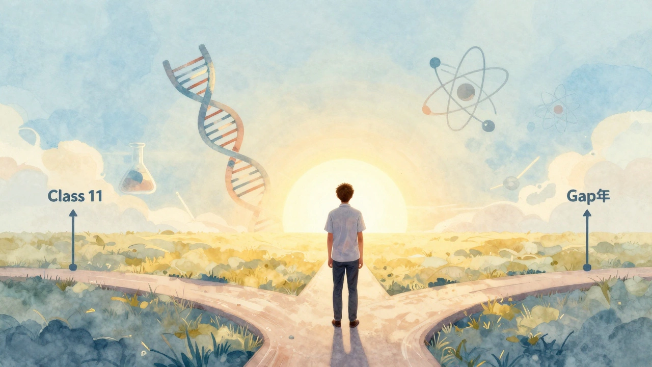 Artistic illustration of a student looking at a path with science symbols ahead.