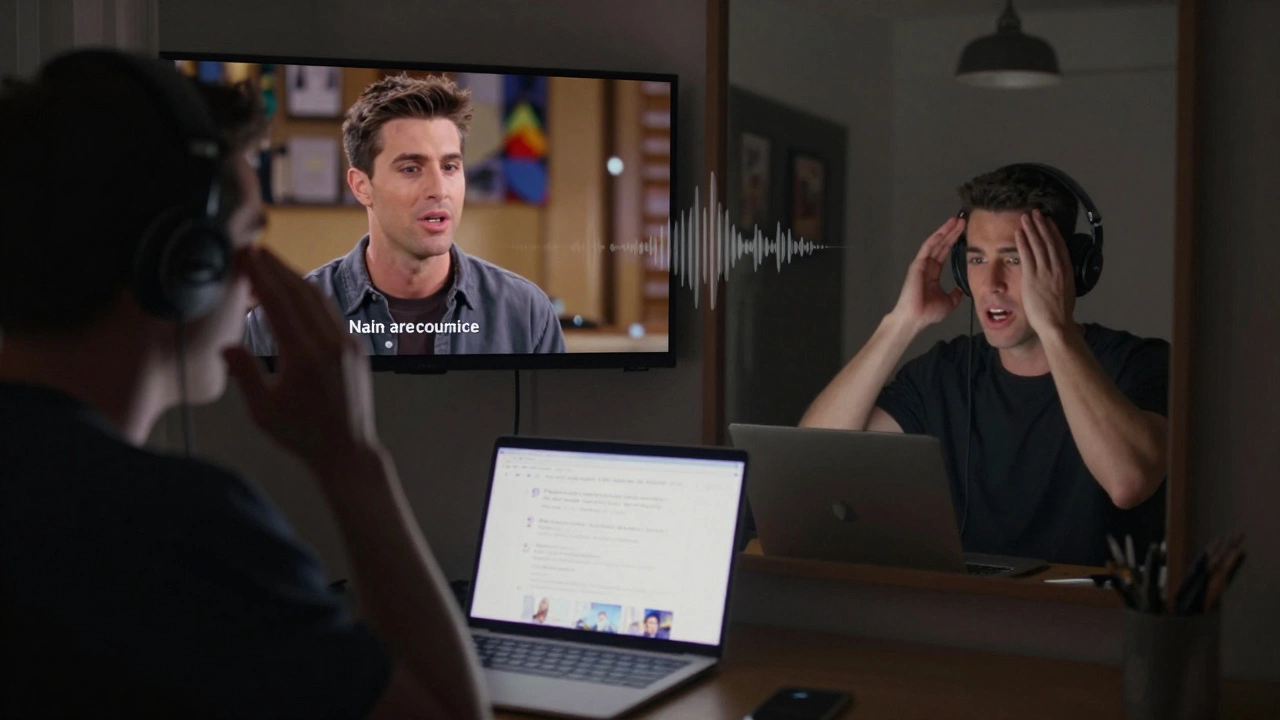 Someone mimicking a native English speaker from a YouTube video, with headphones and mirror reflection showing synchronized speech.