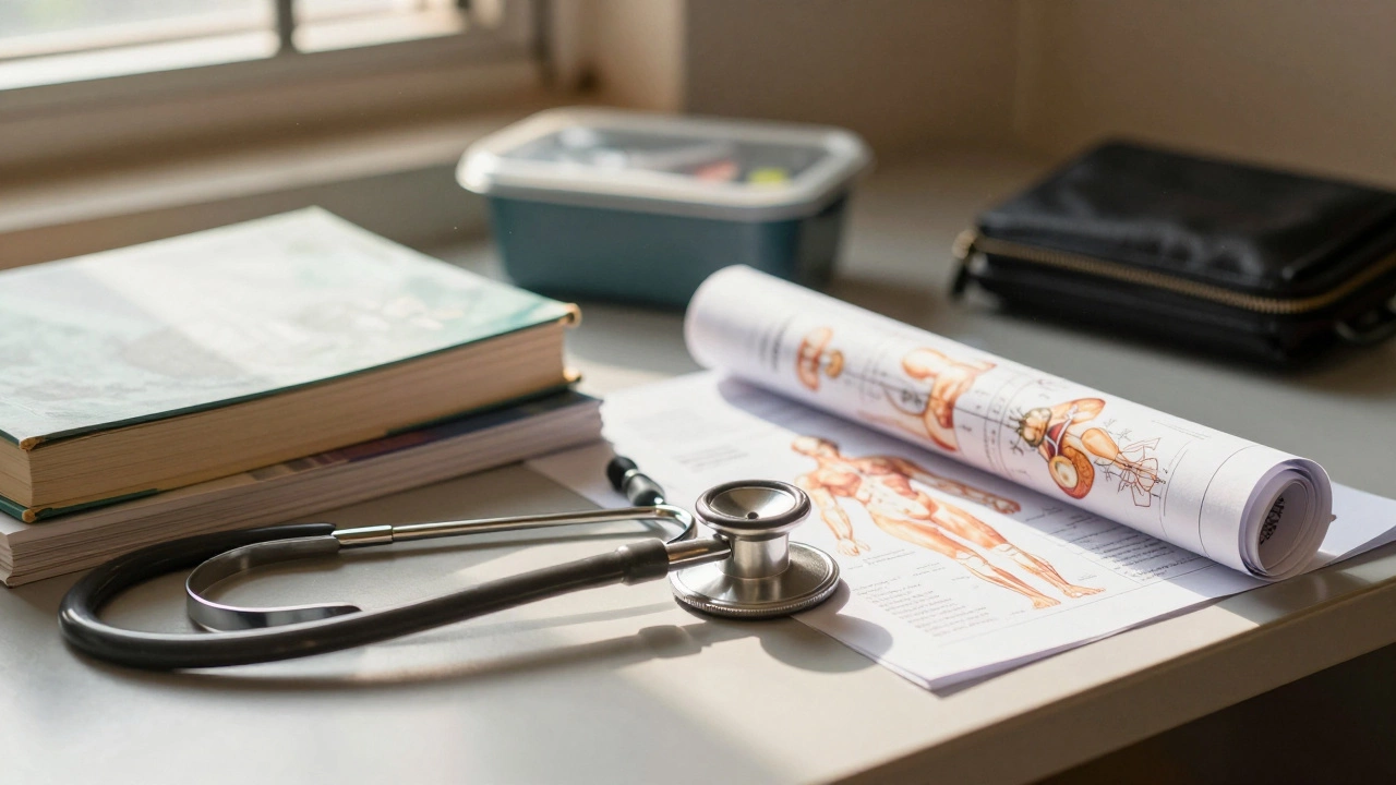 Stethoscope and medical books on wooden study desk with soft lighting.