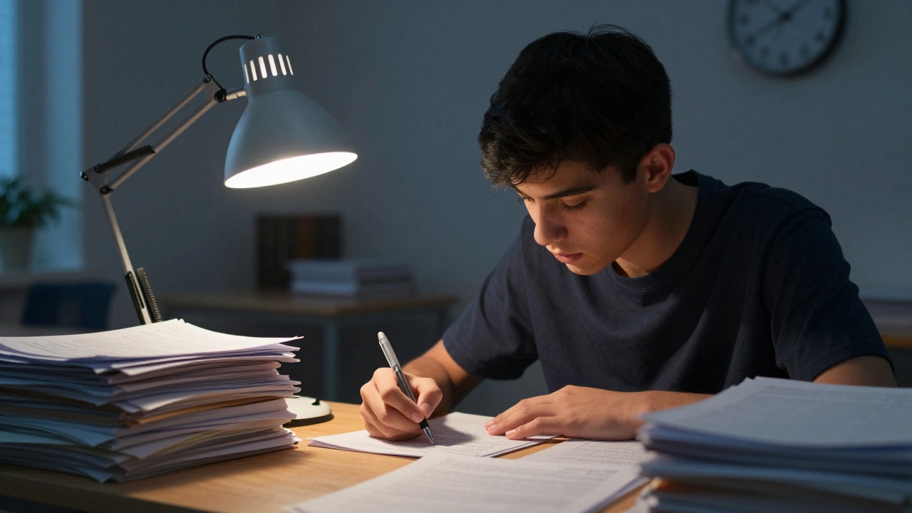 Student reviewing test papers late at night with a clock showing time pressure.