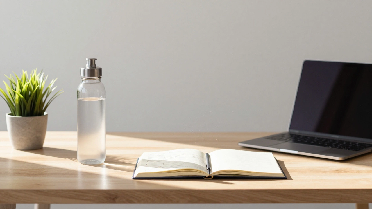 Sunlit desk with water and plants emphasizing healthy study habits.