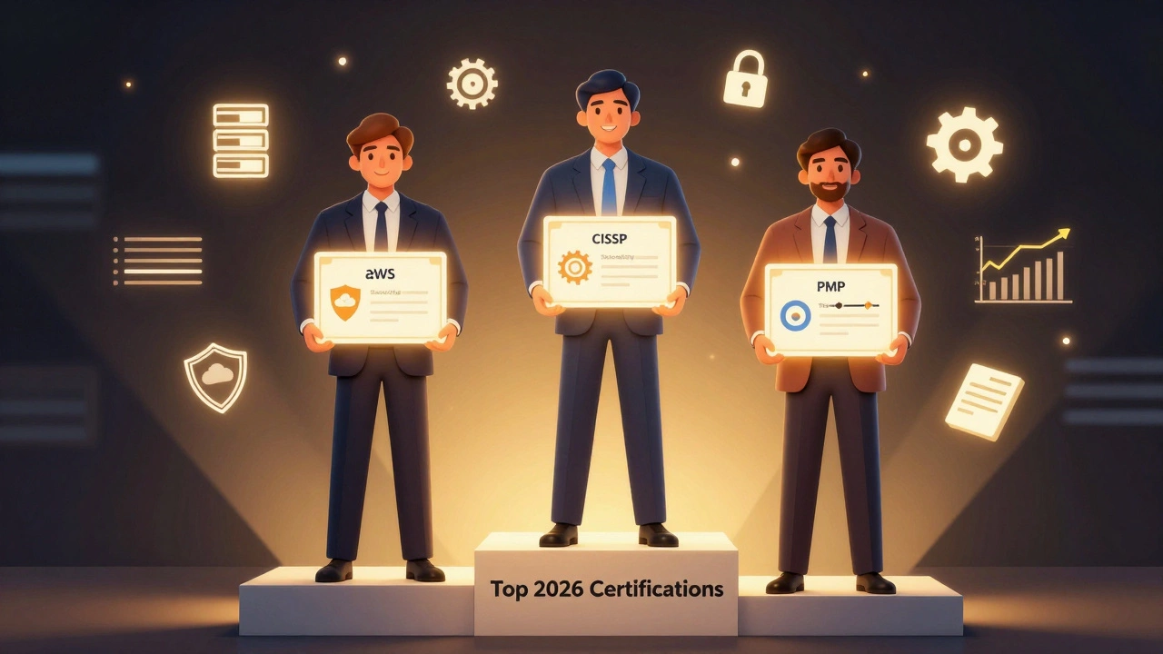 Three certified professionals holding top-paying credentials on a podium surrounded by tech and finance icons.