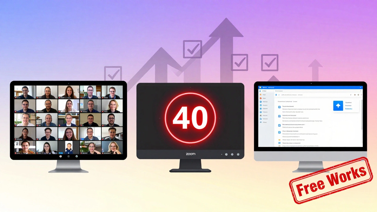 Three comparison scenes showing Google Meet, Zoom, and Microsoft Teams side by side, highlighting differences in time limits, participant capacity, and features.