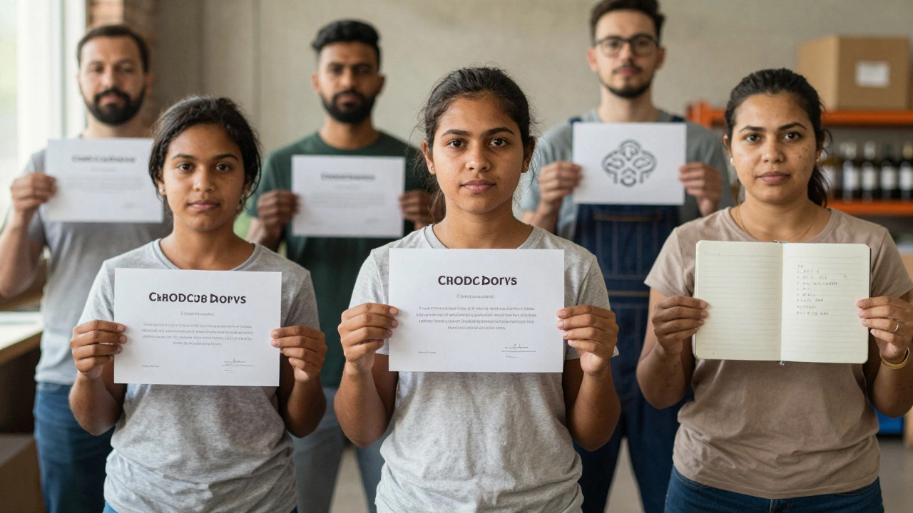 Three people holding tangible results from free online courses: certificate, design, and notes.
